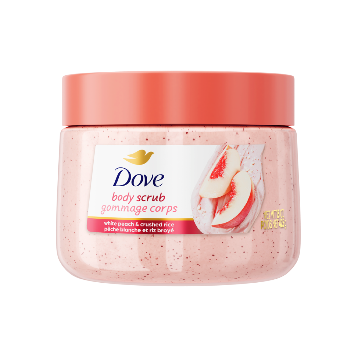 slide 14 of 25, Dove White Peach & Crushed Rice Body Scrub 15 oz, 15 oz