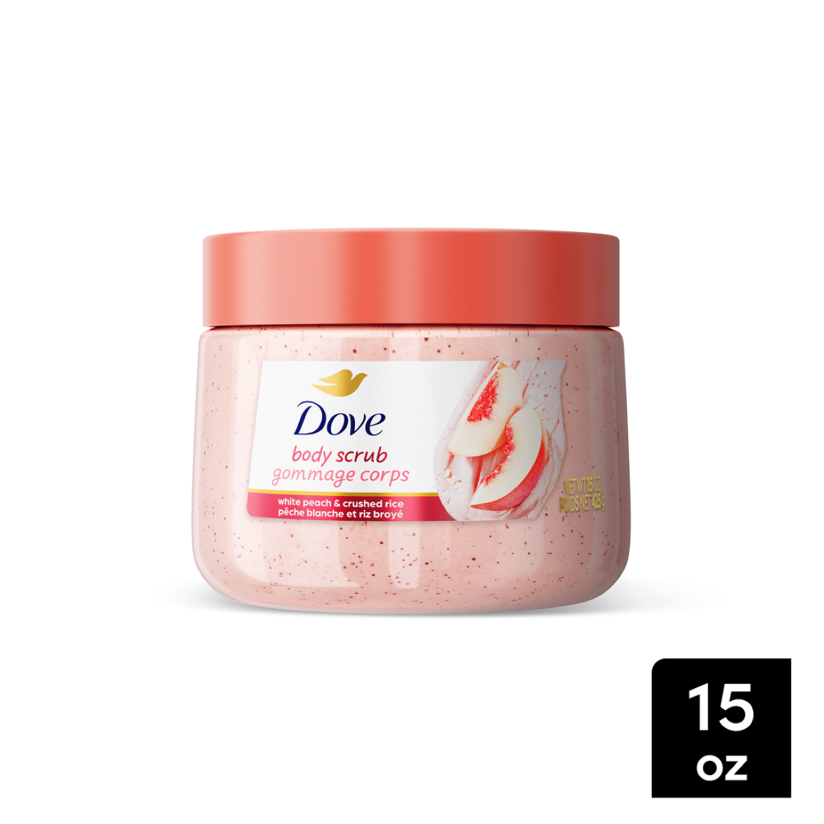 slide 1 of 25, Dove White Peach & Crushed Rice Body Scrub 15 oz, 15 oz