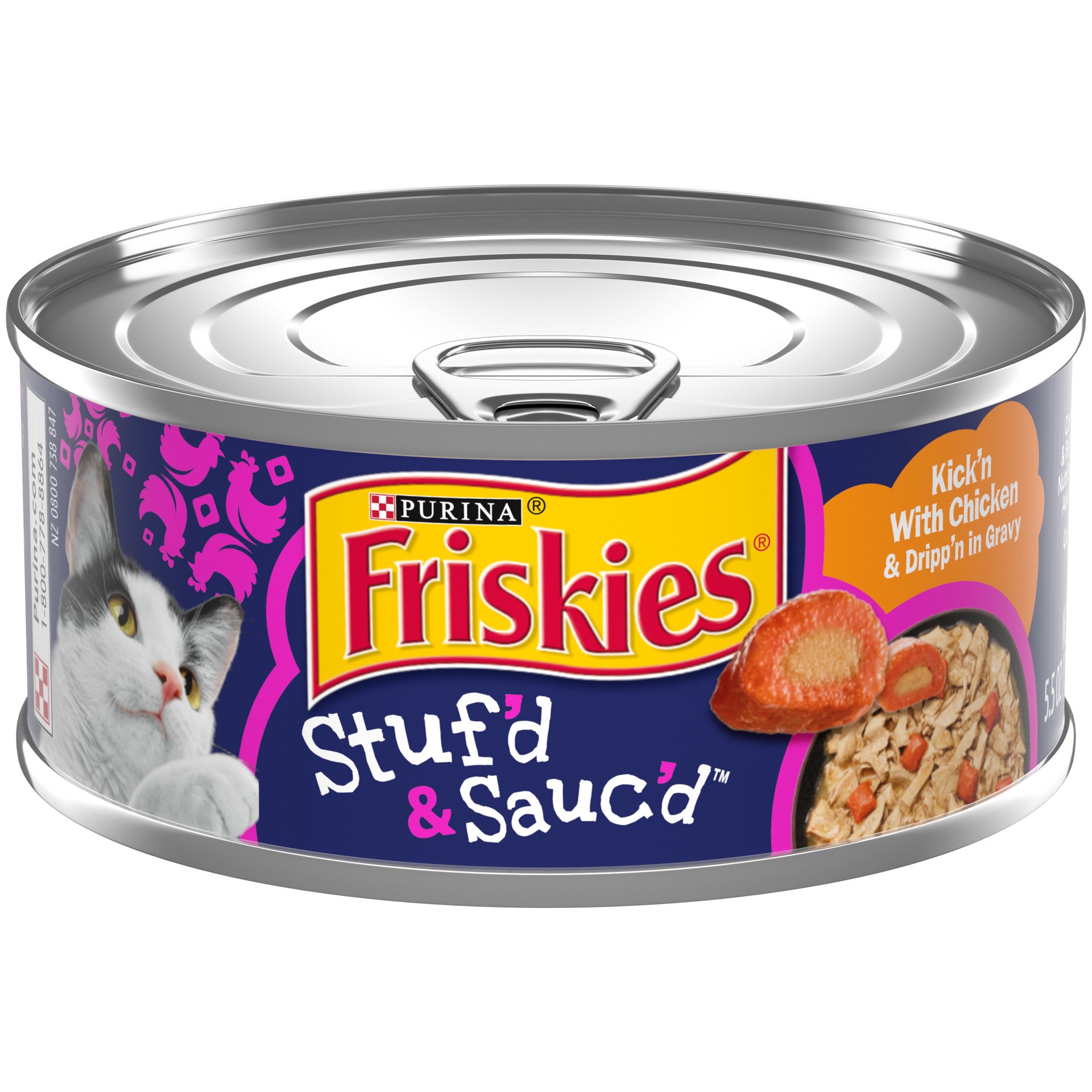 slide 1 of 8, Purina Friskies Gravy Wet Cat Food, Stuf'd & Sauc'd Kick'n With Chicken & Dripp'n - 5.5 oz. Pull-Top Can, 5.5 oz