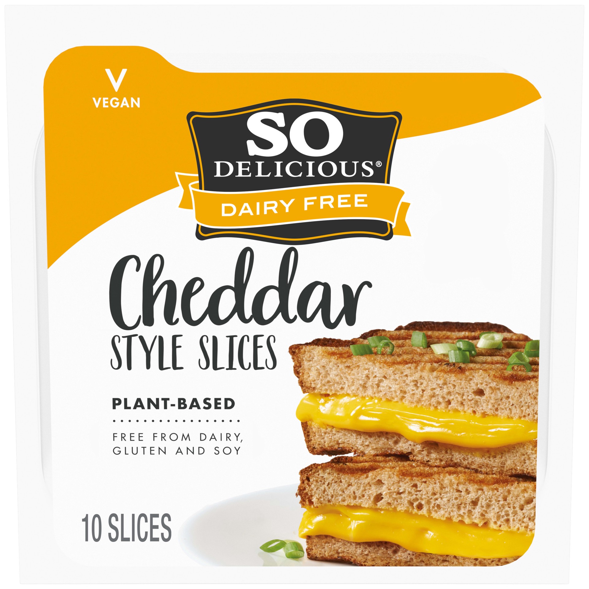 slide 1 of 14, So Delicious Dairy Free Cheddar Style Slices, 7 oz. Pack, 10 Slices, Vegan, Cheese Alternative, Non-GMO Project Verified, 10 oz