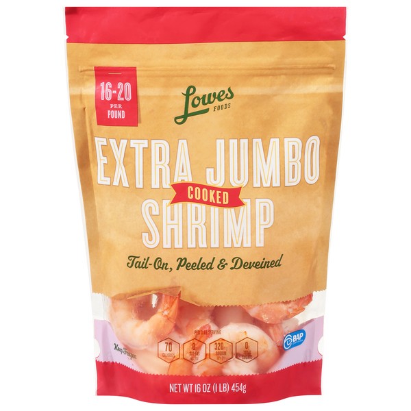 slide 1 of 1, Lowes Foods 16/20 Cooked Tail On Shrimp, 16 oz