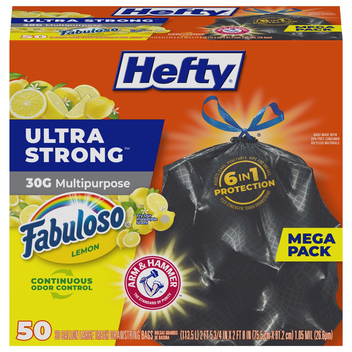 slide 5 of 11, Hefty Ultra Strong 30 Gallon Drawstring Fabuloso Lemon Trash Bags Large Mega Pack 50 ea, 50 ct
