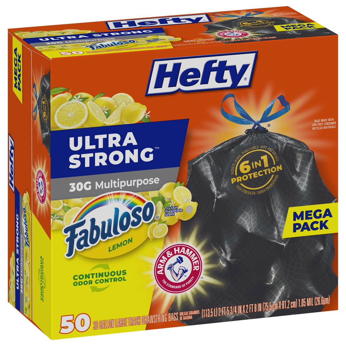 slide 4 of 11, Hefty Ultra Strong 30 Gallon Drawstring Fabuloso Lemon Trash Bags Large Mega Pack 50 ea, 50 ct