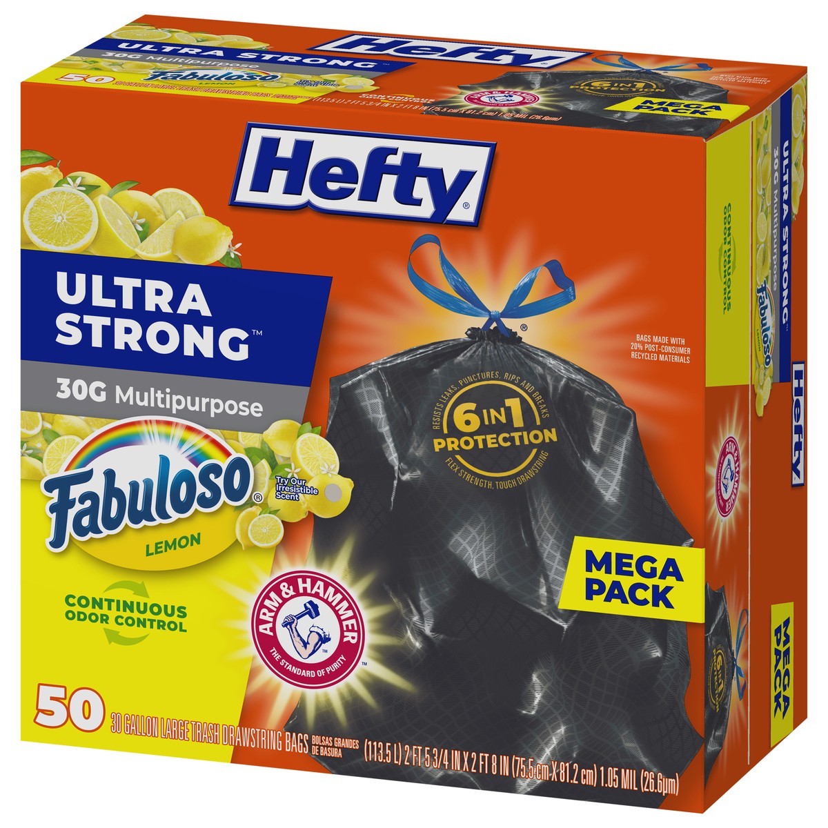 slide 7 of 11, Hefty Ultra Strong 30 Gallon Drawstring Fabuloso Lemon Trash Bags Large Mega Pack 50 ea, 50 ct