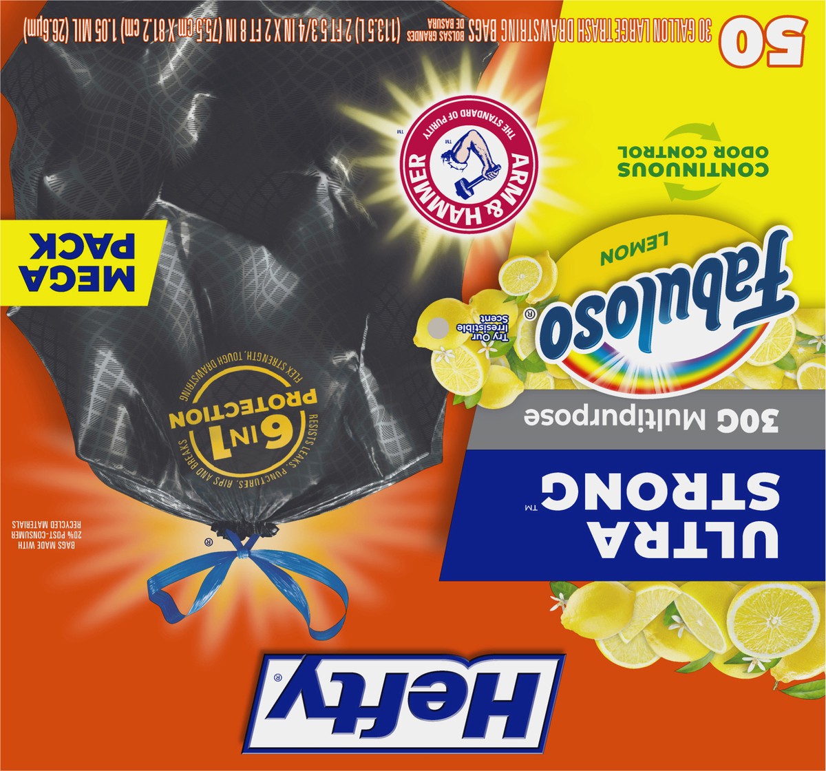 slide 2 of 11, Hefty Ultra Strong 30 Gallon Drawstring Fabuloso Lemon Trash Bags Large Mega Pack 50 ea, 50 ct