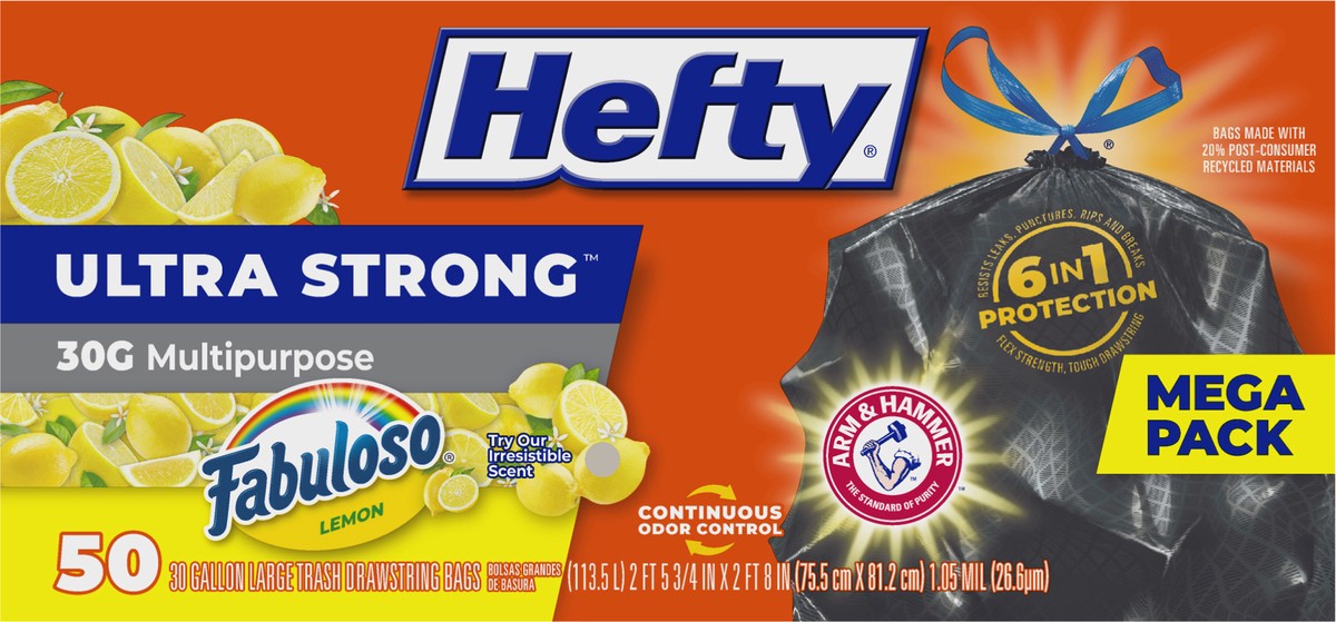 slide 3 of 11, Hefty Ultra Strong 30 Gallon Drawstring Fabuloso Lemon Trash Bags Large Mega Pack 50 ea, 50 ct