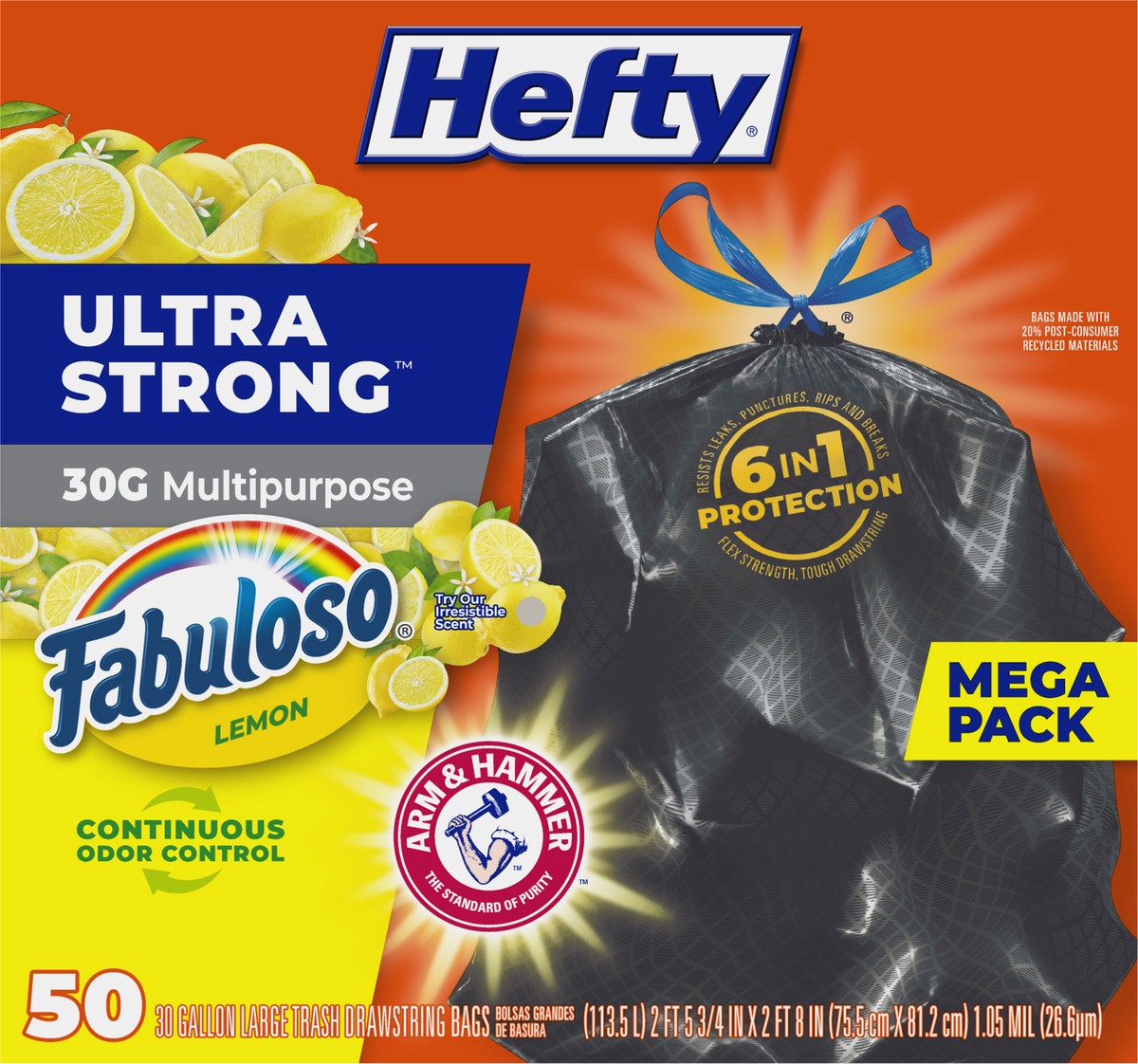 slide 6 of 11, Hefty Ultra Strong 30 Gallon Drawstring Fabuloso Lemon Trash Bags Large Mega Pack 50 ea, 50 ct