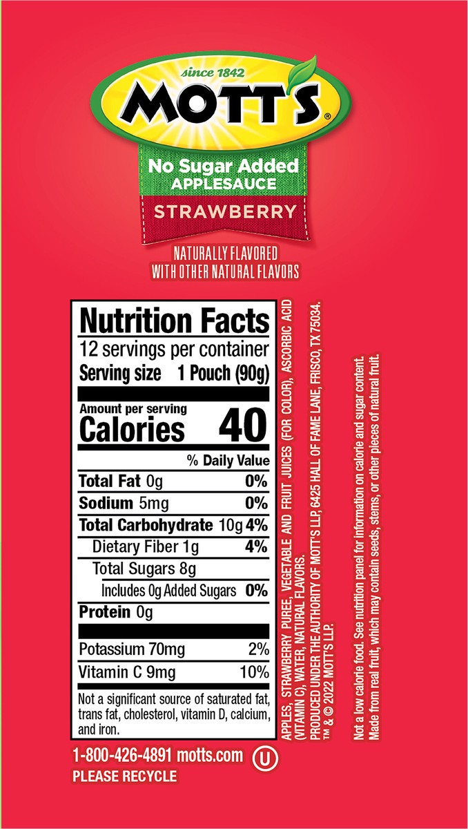 slide 6 of 7, Mott's No Sugar Added Strawberry Applesauce Pouches, 12 ct; 3.2 oz