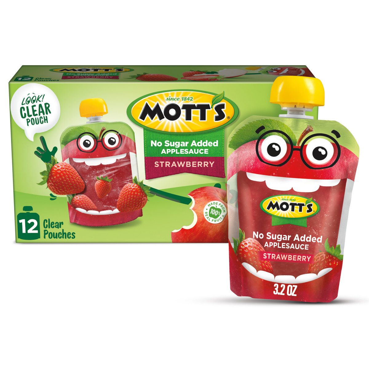 slide 1 of 7, Mott's No Sugar Added Strawberry Applesauce, 3.2 oz clear pouches, 12 count, 12 ct