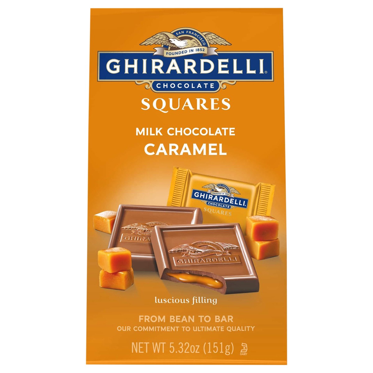 slide 1 of 21, Ghirardelli Milk Chocolate Squares with Caramel Filling, 5.32 oz Bag, 5.32 oz