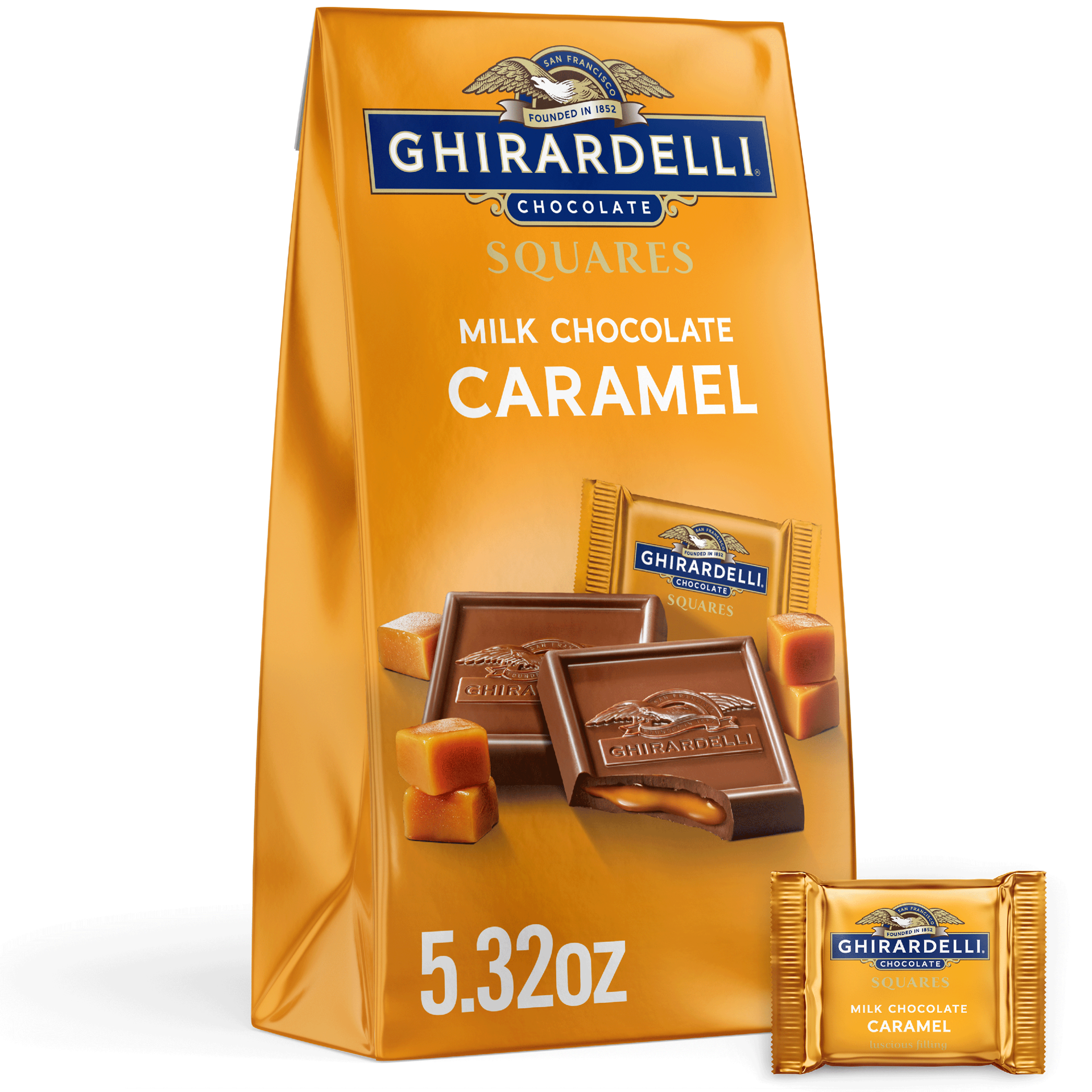 slide 1 of 21, Ghirardelli Milk Chocolate Squares with Caramel Filling, 5.32 oz Bag, 5.32 oz