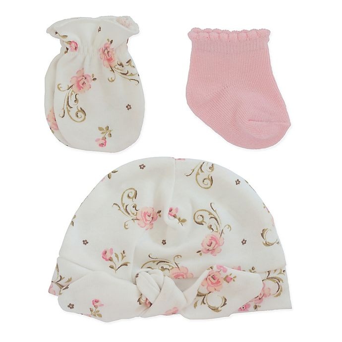 slide 1 of 1, Little Me Vintage Rose Bootie, Mitt, and Cap Set - Pink/White, 3 ct