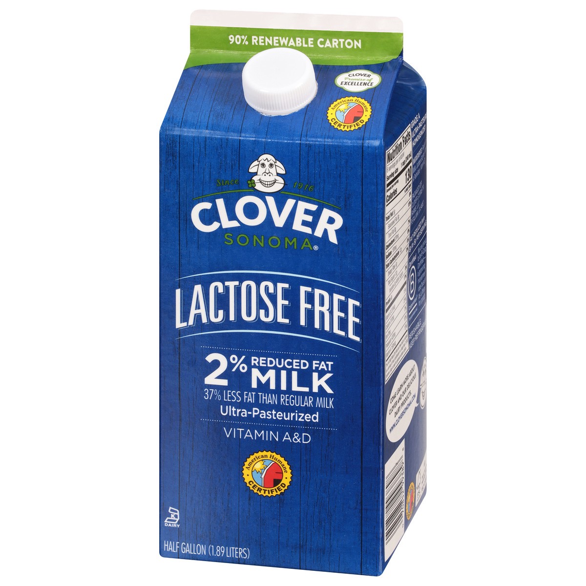 slide 2 of 4, Clover Sonoma 2% Reduced Fat Lactose Free Milk 0.5 gal, 1/2 gal