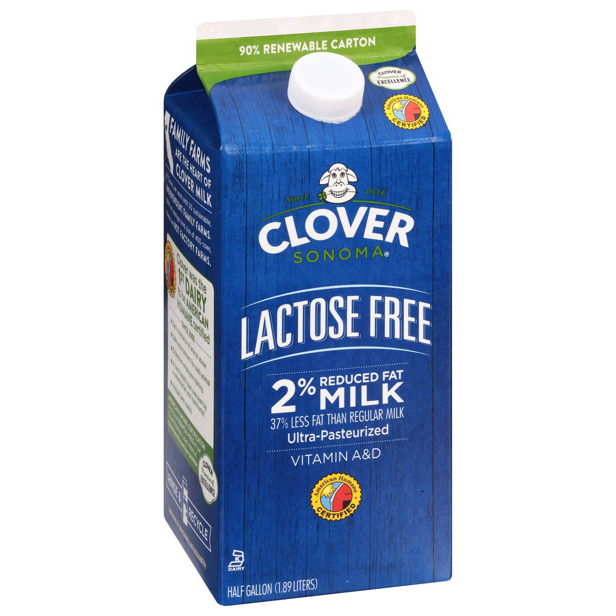slide 4 of 4, Clover Sonoma 2% Reduced Fat Lactose Free Milk 0.5 gal, 1/2 gal
