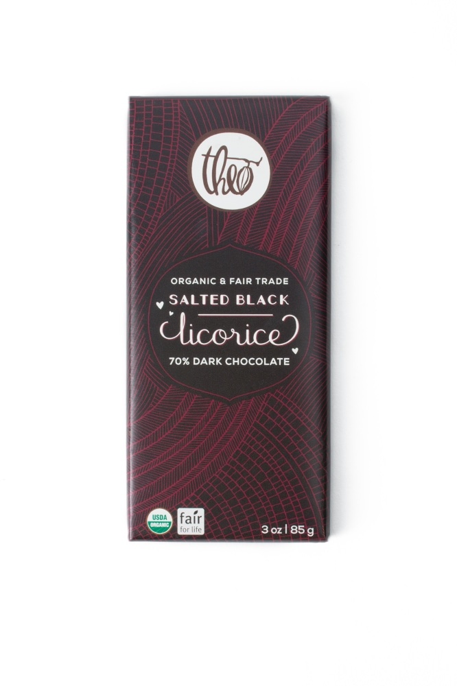 slide 1 of 1, Theo Salted Black Licorice Valentines Bar, 3 oz