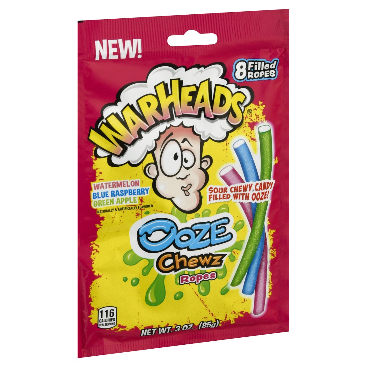 slide 6 of 10, Warheads Ooze Chewz Ropes, Watermelon/Blue Raspberry/Green Apple 8Ct, 3 oz