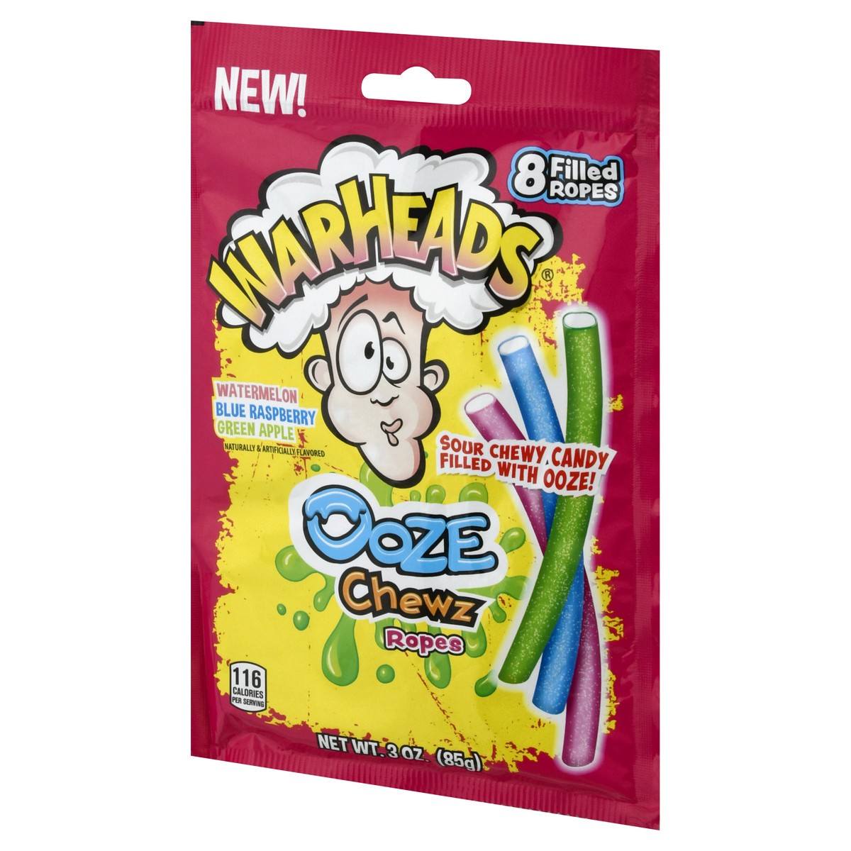 slide 4 of 10, Warheads Ooze Chewz Ropes, Watermelon/Blue Raspberry/Green Apple 8Ct, 3 oz