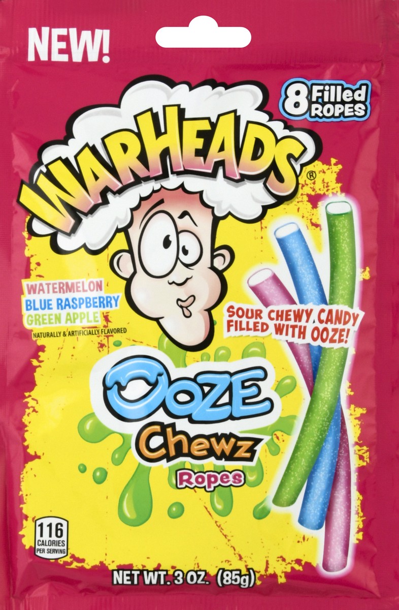 slide 9 of 10, Warheads Ooze Chewz Ropes, Watermelon/Blue Raspberry/Green Apple 8Ct, 3 oz