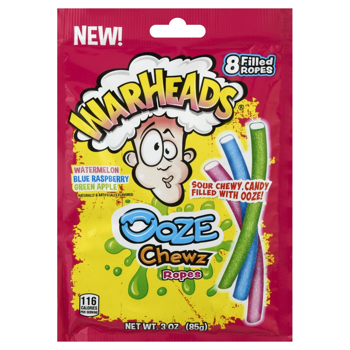 slide 1 of 10, Warheads Ooze Chewz Ropes, Watermelon/Blue Raspberry/Green Apple 8Ct, 3 oz