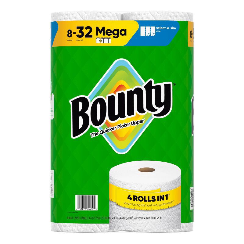 slide 1 of 16, Bounty Paper Towels 8 Mega Select-A-Size White Rolls, 8 ct