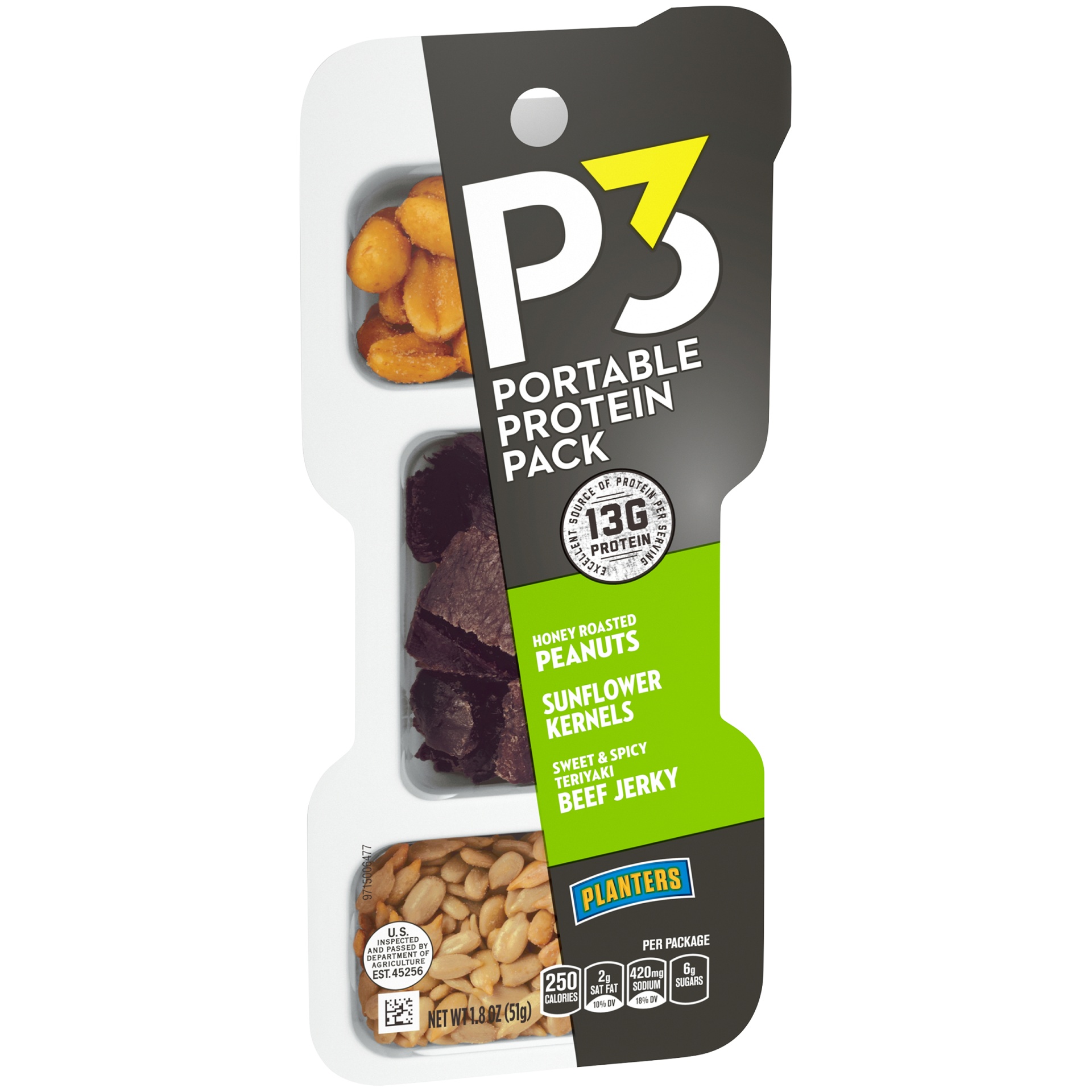 slide 2 of 6, P3 Portable Protein Snack Pack with Honey Roasted Peanuts, Sunflower Kernels & Teriyaki Beef Jerky Tray, 1.8 oz