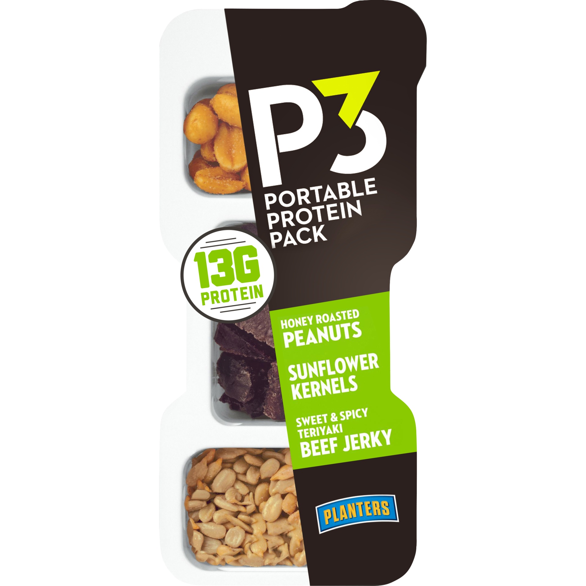 slide 1 of 6, P3 Portable Protein Snack Pack with Honey Roasted Peanuts, Sunflower Kernels & Teriyaki Beef Jerky Tray, 1.8 oz