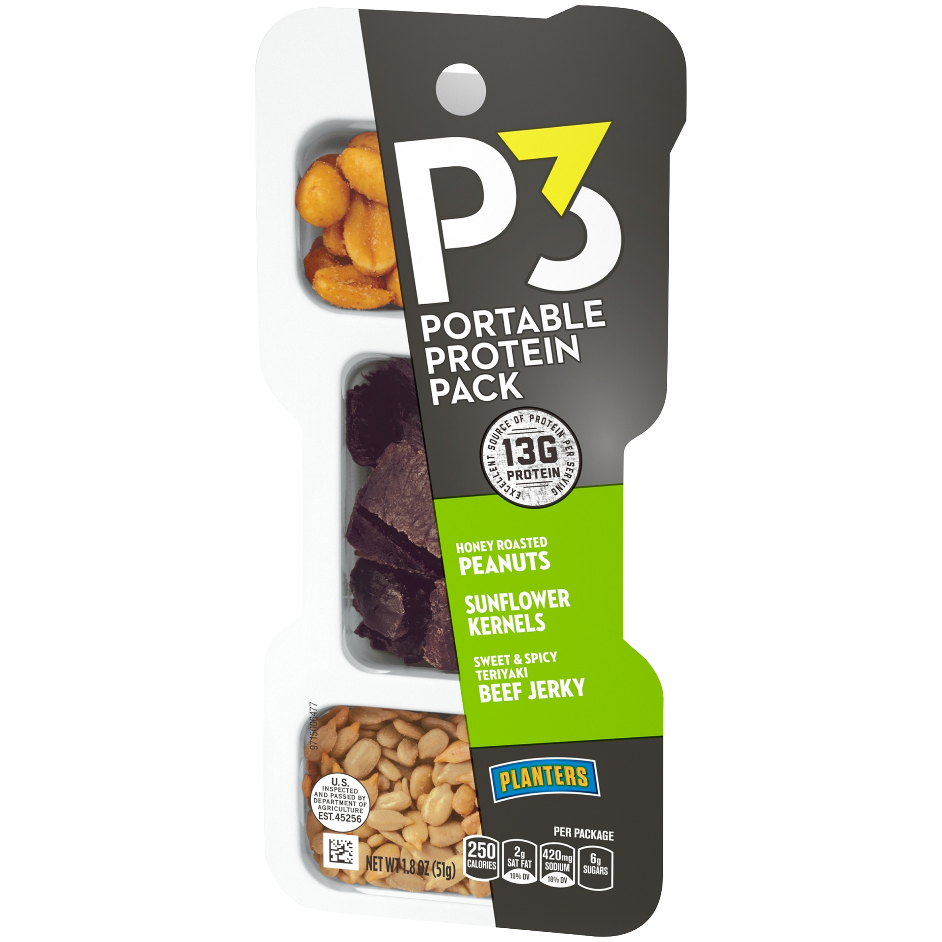 slide 3 of 6, P3 Portable Protein Snack Pack with Honey Roasted Peanuts, Sunflower Kernels & Teriyaki Beef Jerky Tray, 1.8 oz
