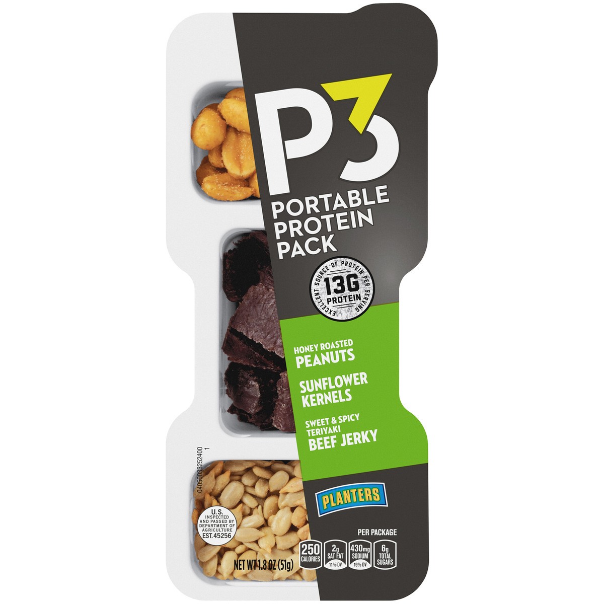 slide 1 of 11, P3 Planters P3 Honey Roasted Peanuts, Sweet and Spicy Teriyaki Beef Jerky and Sunflower Kernels Snack Mix, 1.8 oz Package, 1.8 oz