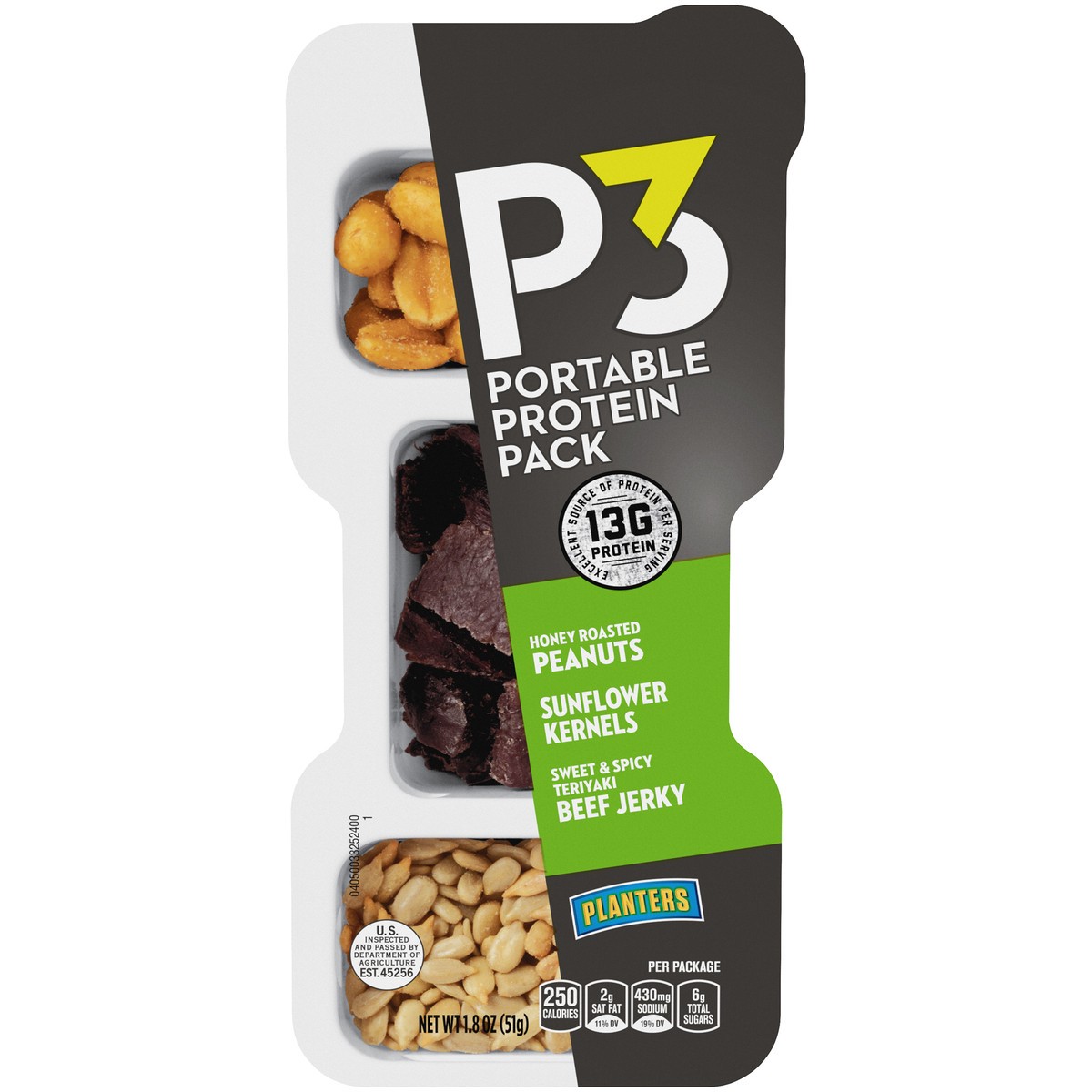 slide 1 of 11, P3 Planters P3 Honey Roasted Peanuts, Sweet and Spicy Teriyaki Beef Jerky and Sunflower Kernels Snack Mix, 1.8 oz Package, 1.8 oz