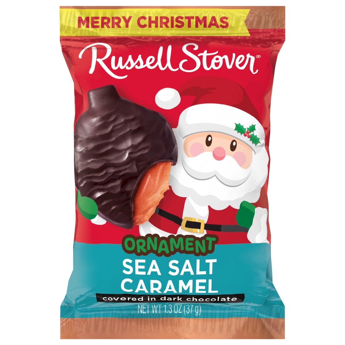 slide 1 of 3, RUSSELL STOVER Christmas Dark Chocolate Sea Salt Caramel Ornament- 1.3 oz, 1.3 oz