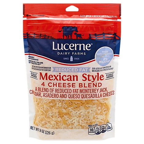 slide 1 of 1, Lucerne Cheese Finely Shredded Mexican Style 4 Cheese Blend Reduced Fat, 8 oz