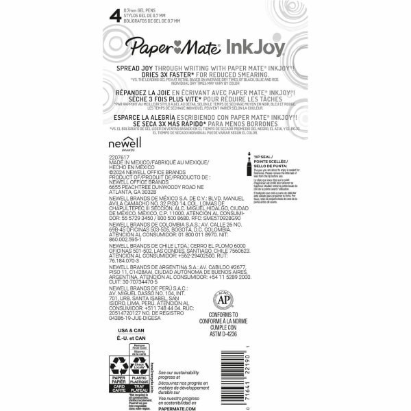 slide 5 of 10, Paper Mate InkJoy Gel Pens, Medium Point, 0.7 mm, Assorted Tropical Vacation Colors, Pack Of 4 Pens, 4 ct