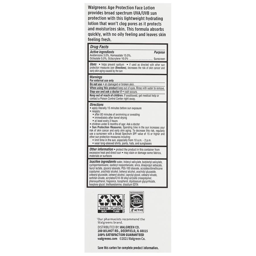 slide 2 of 3, Walgreens 110 Age Protection For Face Broad Spectrum Sunscreen, 3.4 fl oz
