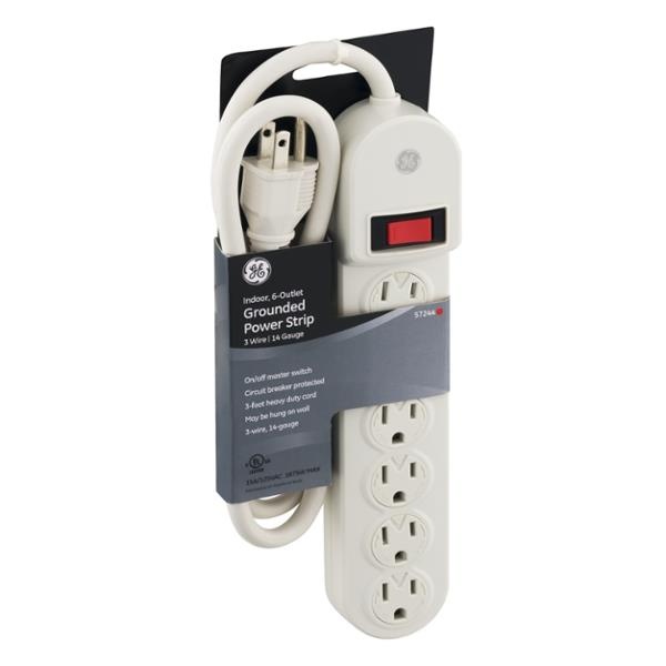 slide 1 of 1, GE Indoor, 6-Outlet Grounded Power Strip White, 1 ct