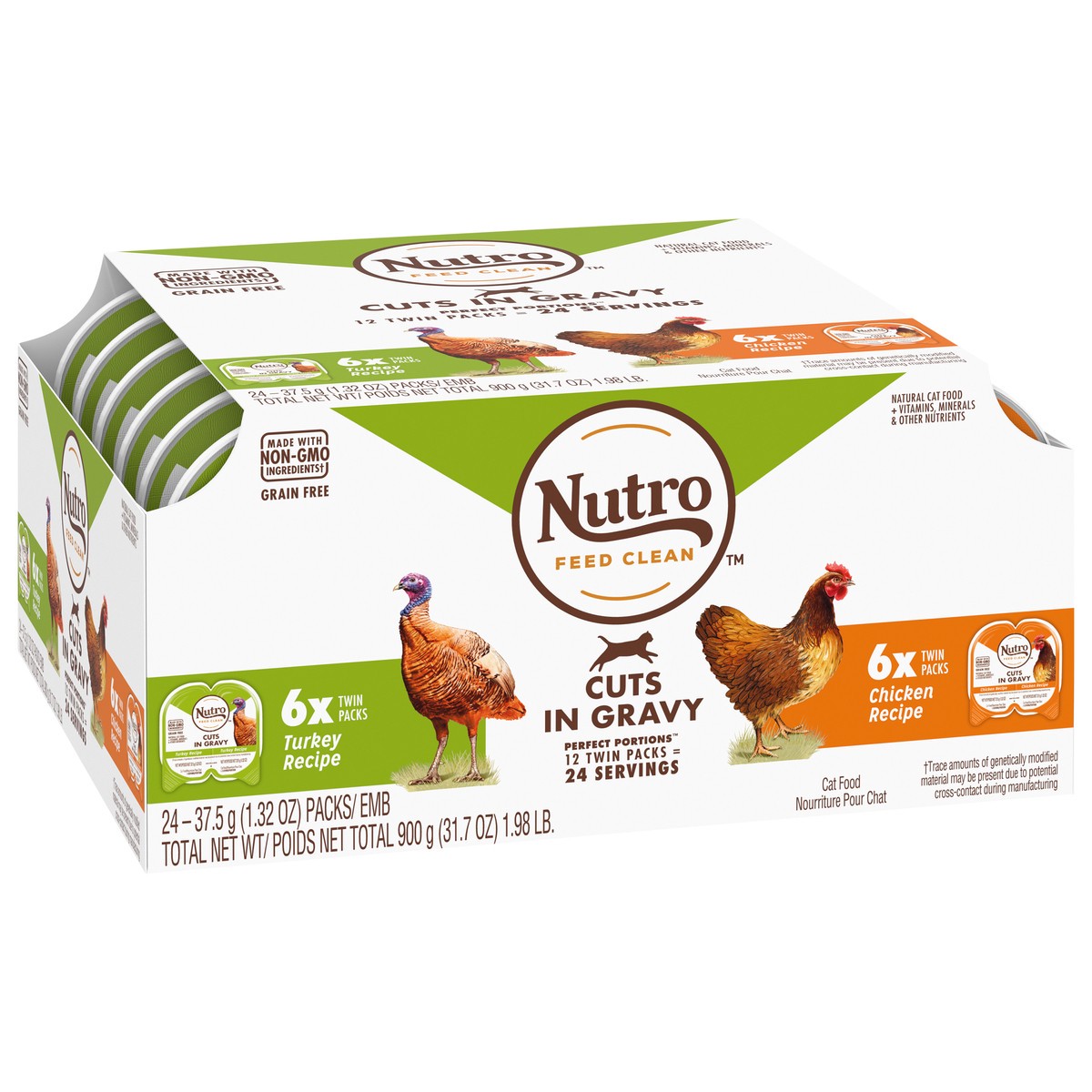 slide 2 of 10, NUTRO Grain Free* Natural Wet Cat Food Cuts in Gravy Turkey Recipe and Chicken Recipe Variety Pack, (12) PERFECT PORTIONS Twin-Pack Trays, 2.64 oz