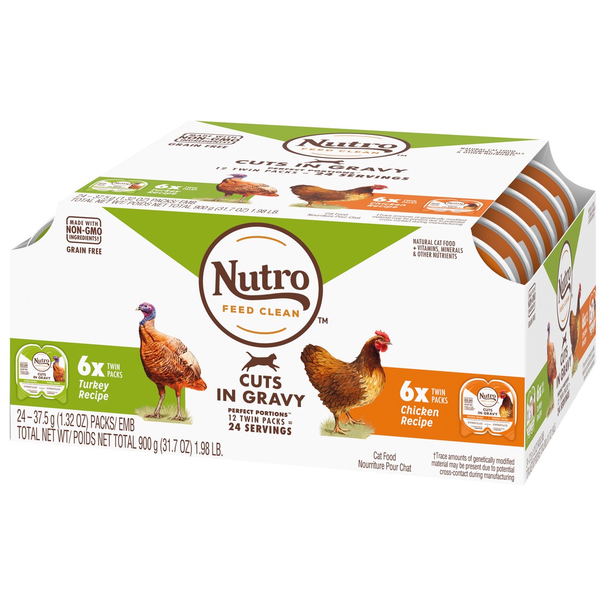 slide 3 of 10, NUTRO Grain Free* Natural Wet Cat Food Cuts in Gravy Turkey Recipe and Chicken Recipe Variety Pack, (12) PERFECT PORTIONS Twin-Pack Trays, 2.64 oz