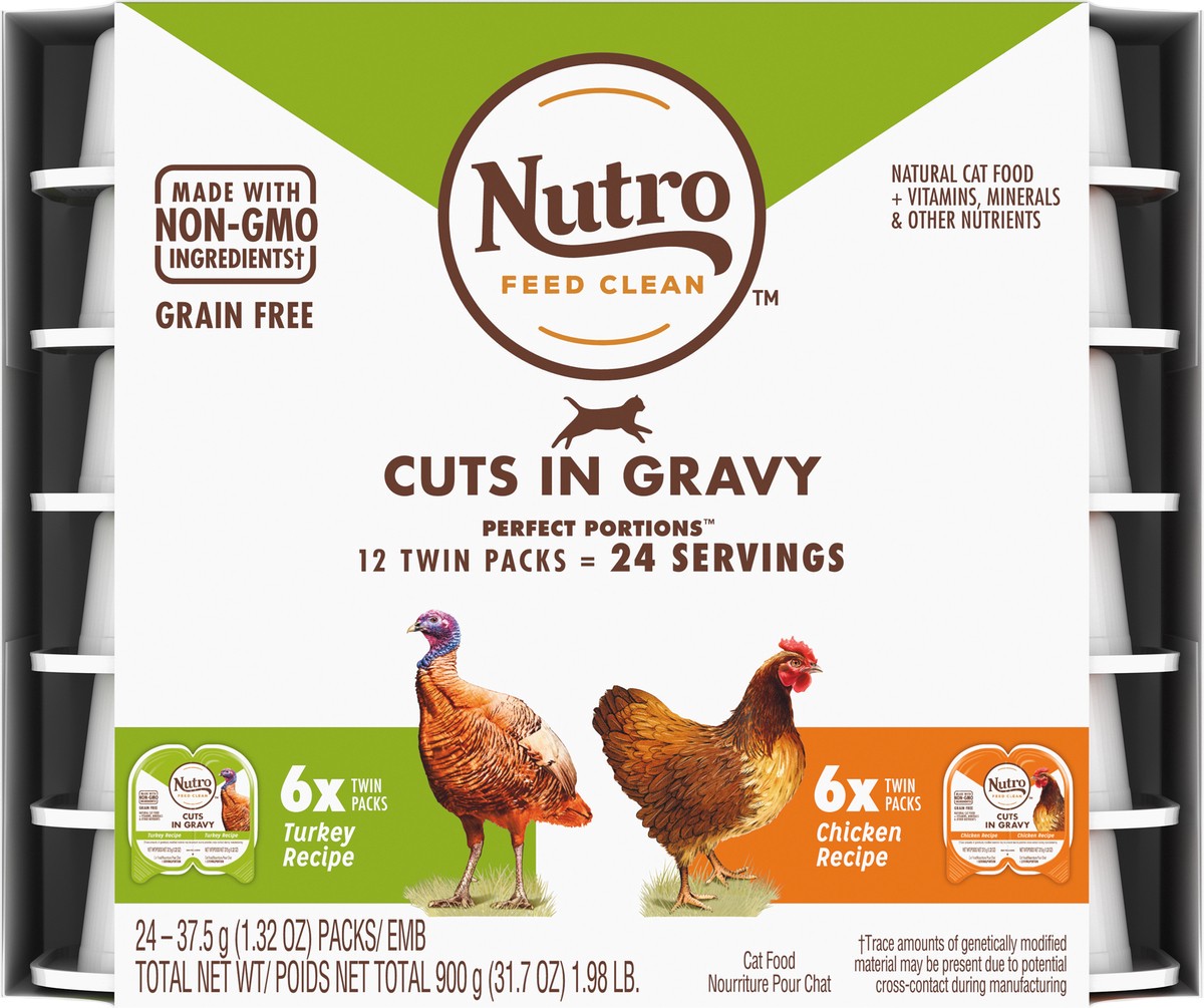 slide 5 of 10, NUTRO Grain Free* Natural Wet Cat Food Cuts in Gravy Turkey Recipe and Chicken Recipe Variety Pack, (12) PERFECT PORTIONS Twin-Pack Trays, 2.64 oz