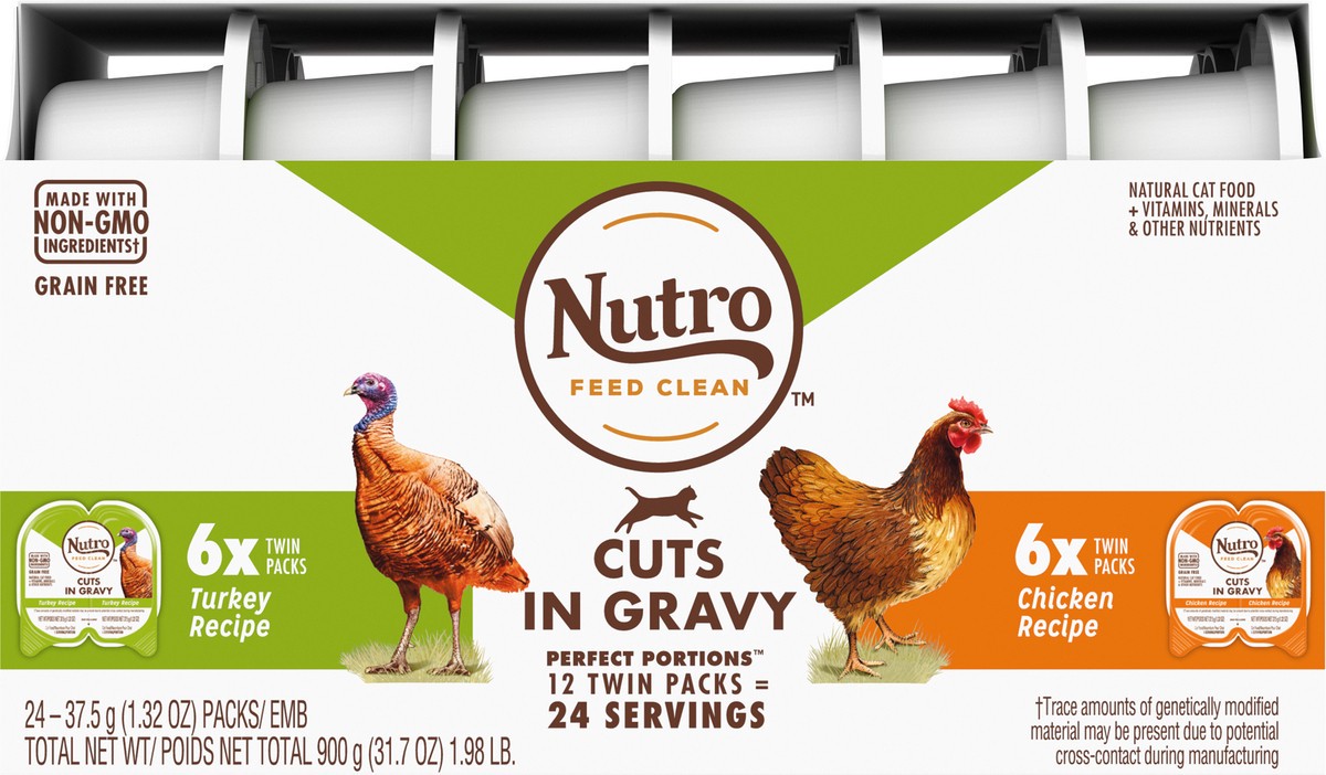 slide 6 of 10, NUTRO Grain Free* Natural Wet Cat Food Cuts in Gravy Turkey Recipe and Chicken Recipe Variety Pack, (12) PERFECT PORTIONS Twin-Pack Trays, 2.64 oz