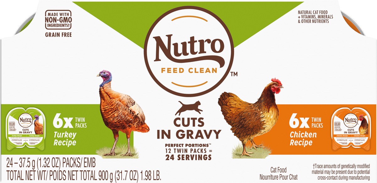 slide 8 of 10, NUTRO Grain Free* Natural Wet Cat Food Cuts in Gravy Turkey Recipe and Chicken Recipe Variety Pack, (12) PERFECT PORTIONS Twin-Pack Trays, 2.64 oz