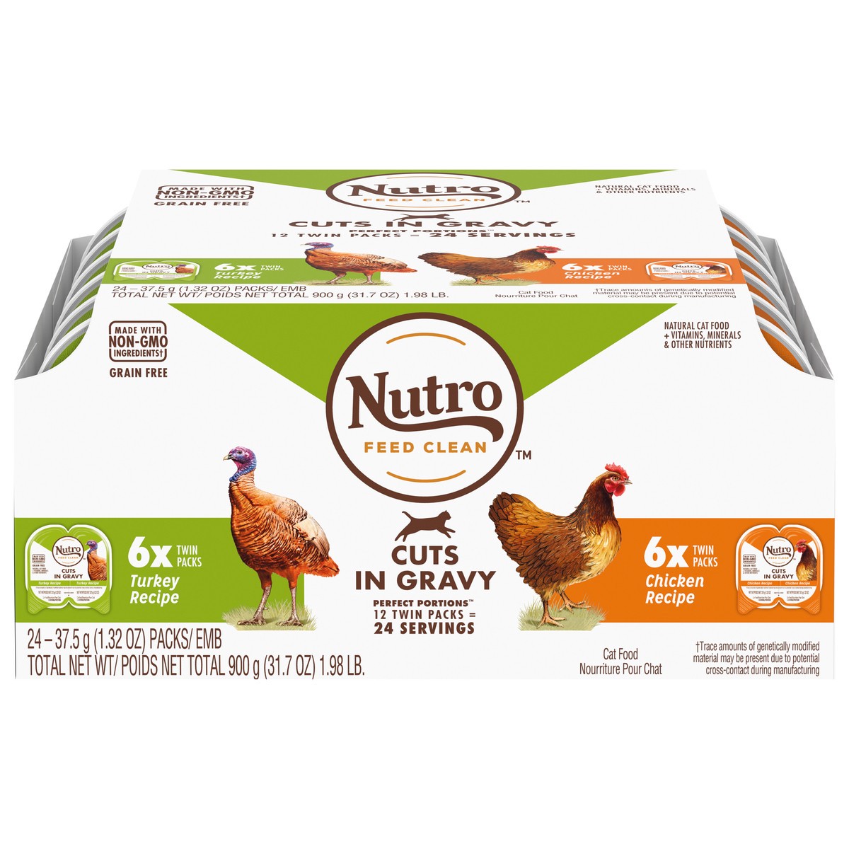 slide 10 of 10, NUTRO Grain Free* Natural Wet Cat Food Cuts in Gravy Turkey Recipe and Chicken Recipe Variety Pack, (12) PERFECT PORTIONS Twin-Pack Trays, 2.64 oz