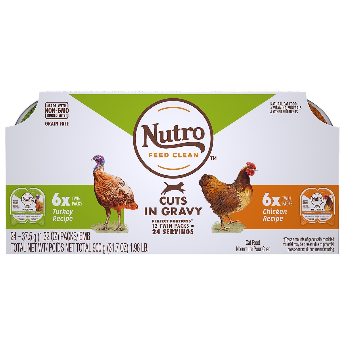 slide 1 of 10, NUTRO Grain Free* Natural Wet Cat Food Cuts in Gravy Turkey Recipe and Chicken Recipe Variety Pack, (12) PERFECT PORTIONS Twin-Pack Trays, 2.64 oz