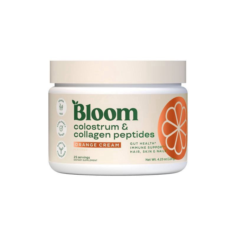 slide 1 of 6, BLOOM NUTRITION Colostrum & Collagen Peptides Powder - Orange Cream - 4.23oz/25 Servings, 4.23 oz, 25 servings