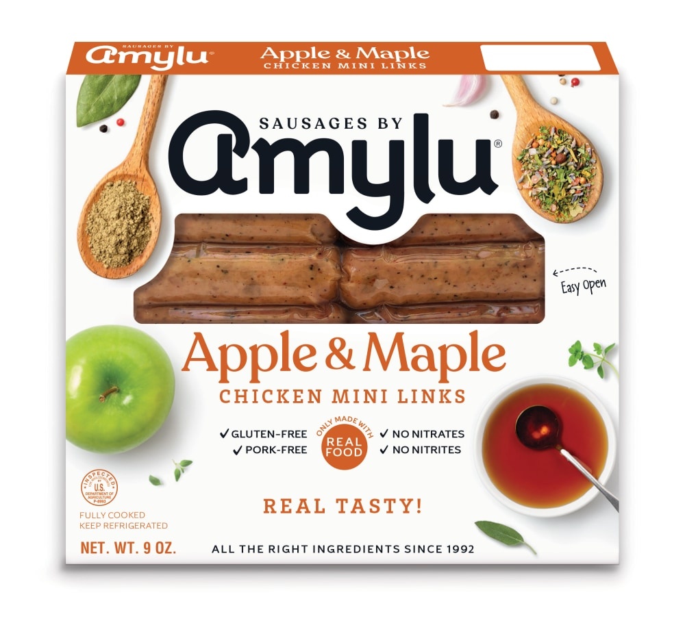 slide 1 of 1, Amylu Links, Chicken, Apple & Maple, Mini, 9 oz