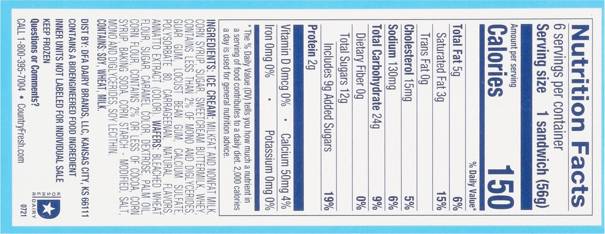 slide 12 of 17, Dean's Country Fresh Ice Cream Sandwiches 6 - 3.5 fl oz Sandwiches, 6 ct