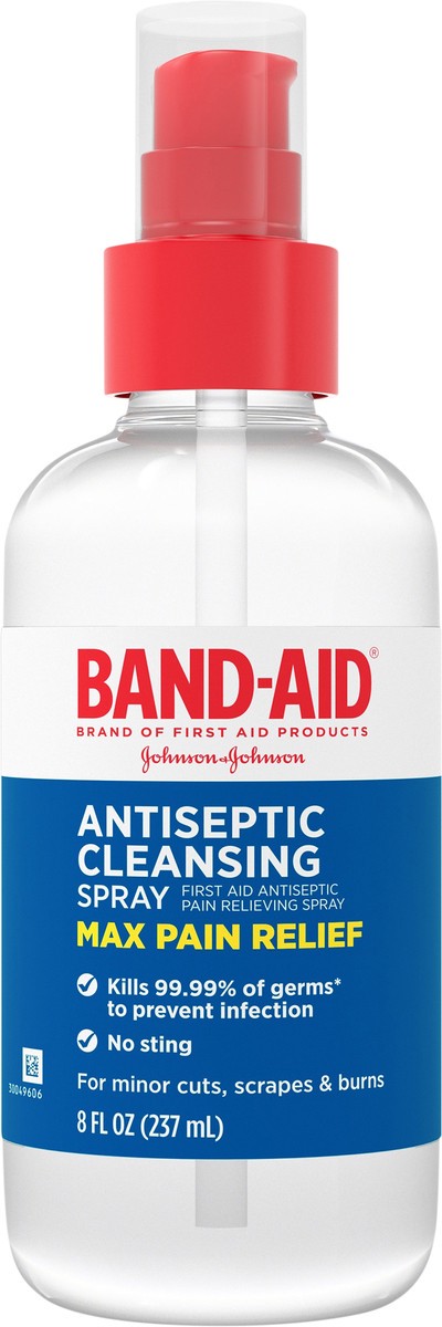 slide 7 of 7, BAND-AID Antiseptic Cleansing Spray, First Aid Antiseptic Spray Relieves Pain & Kill Germs, with Benzalkonium Cl Wound Antiseptic & Pramoxine HCl Topical Analgesic, 8 fl. oz, 8 fl oz