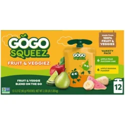 GoGo squeeZ Fruit & VeggieZ, Apple Pear Zucchini Lime & Apple Banana Parsnip, 12 ct