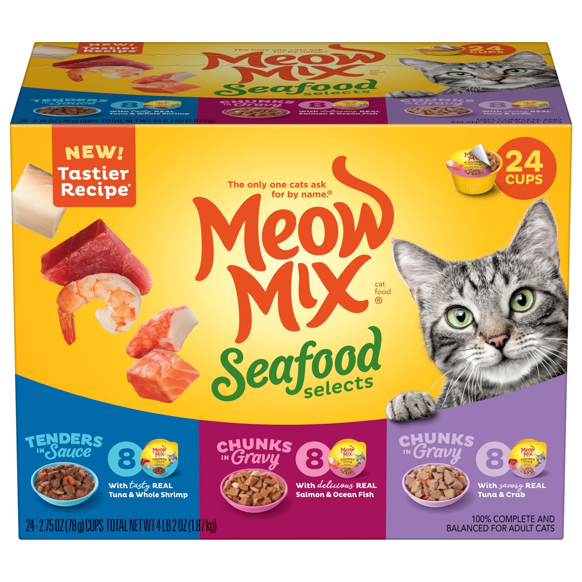 slide 1 of 27, Meow Mix Seafood Selects Wet Cat Food Variety Pack, 24 Cups, 2.75 Oz. Each (Packaging And Formulation Updates Underway), 24 ct