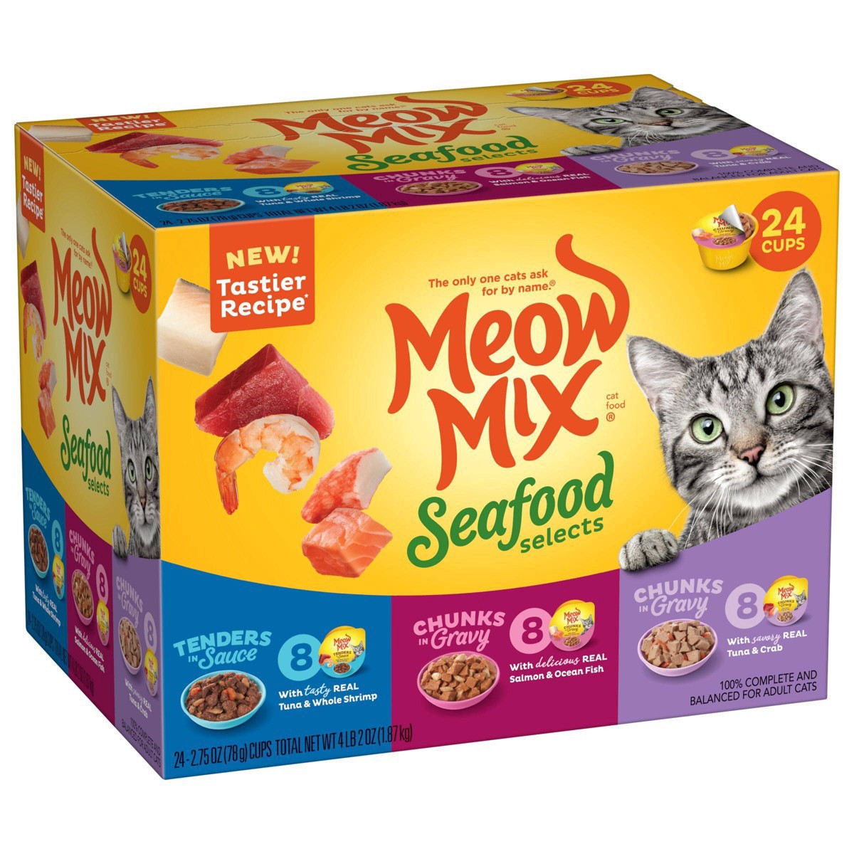 slide 21 of 27, Meow Mix Seafood Selects Wet Cat Food Variety Pack, 24 Cups, 2.75 Oz. Each (Packaging And Formulation Updates Underway), 24 ct