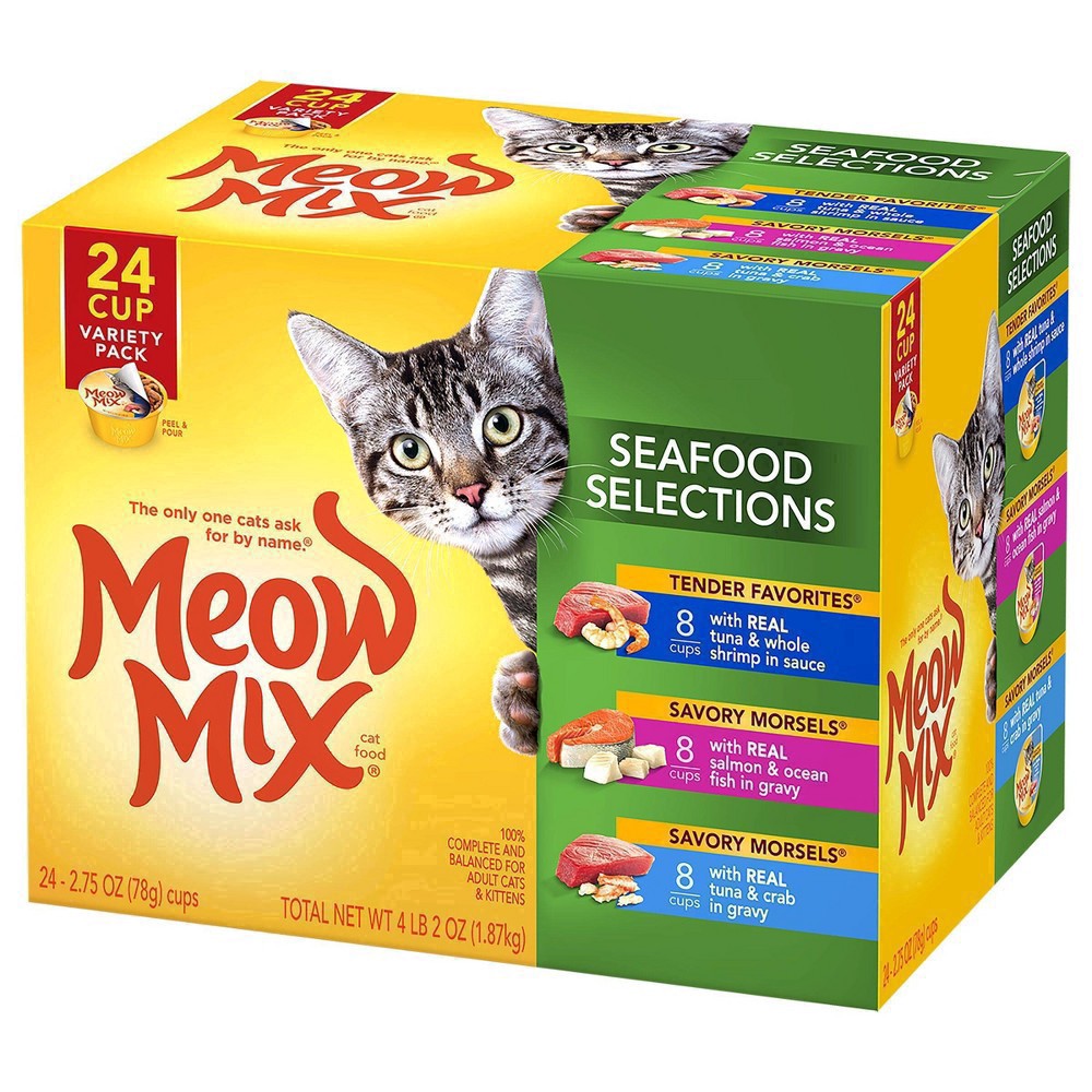 slide 26 of 27, Meow Mix Seafood Selects Wet Cat Food Variety Pack, 24 Cups, 2.75 Oz. Each (Packaging And Formulation Updates Underway), 24 ct