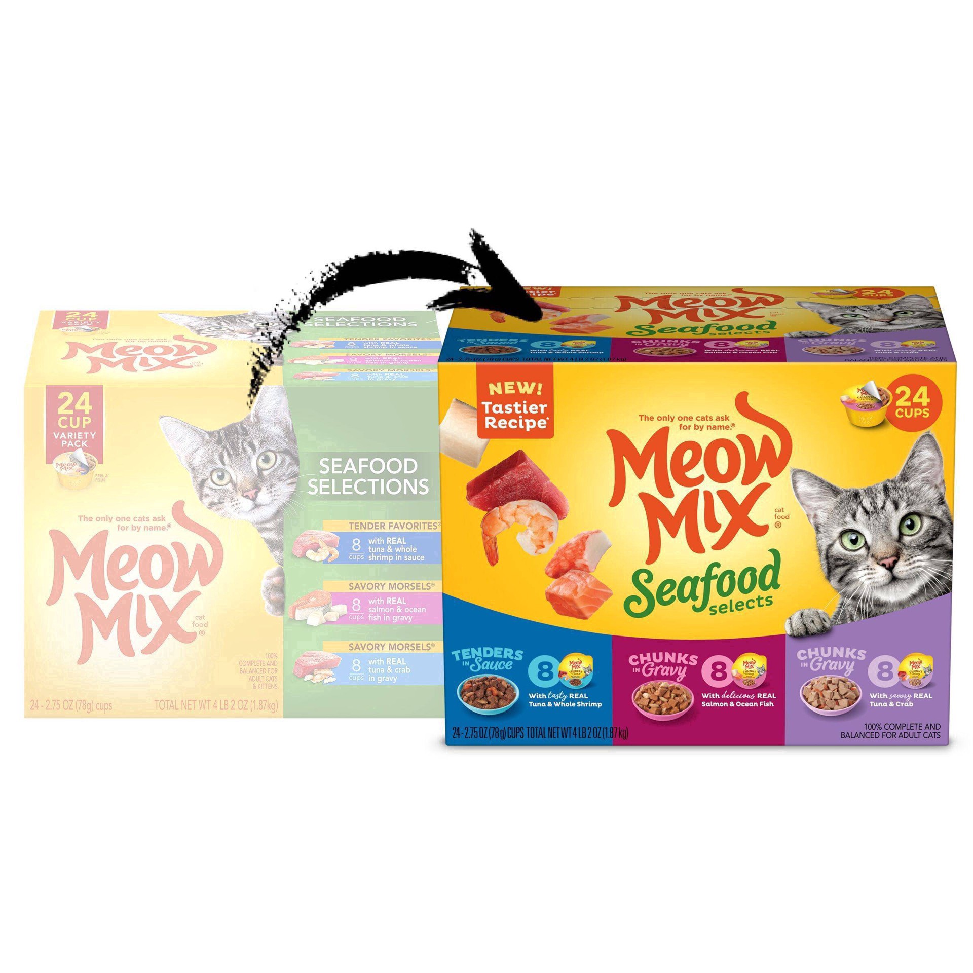 slide 11 of 27, Meow Mix Seafood Selects Wet Cat Food Variety Pack, 24 Cups, 2.75 Oz. Each (Packaging And Formulation Updates Underway), 24 ct